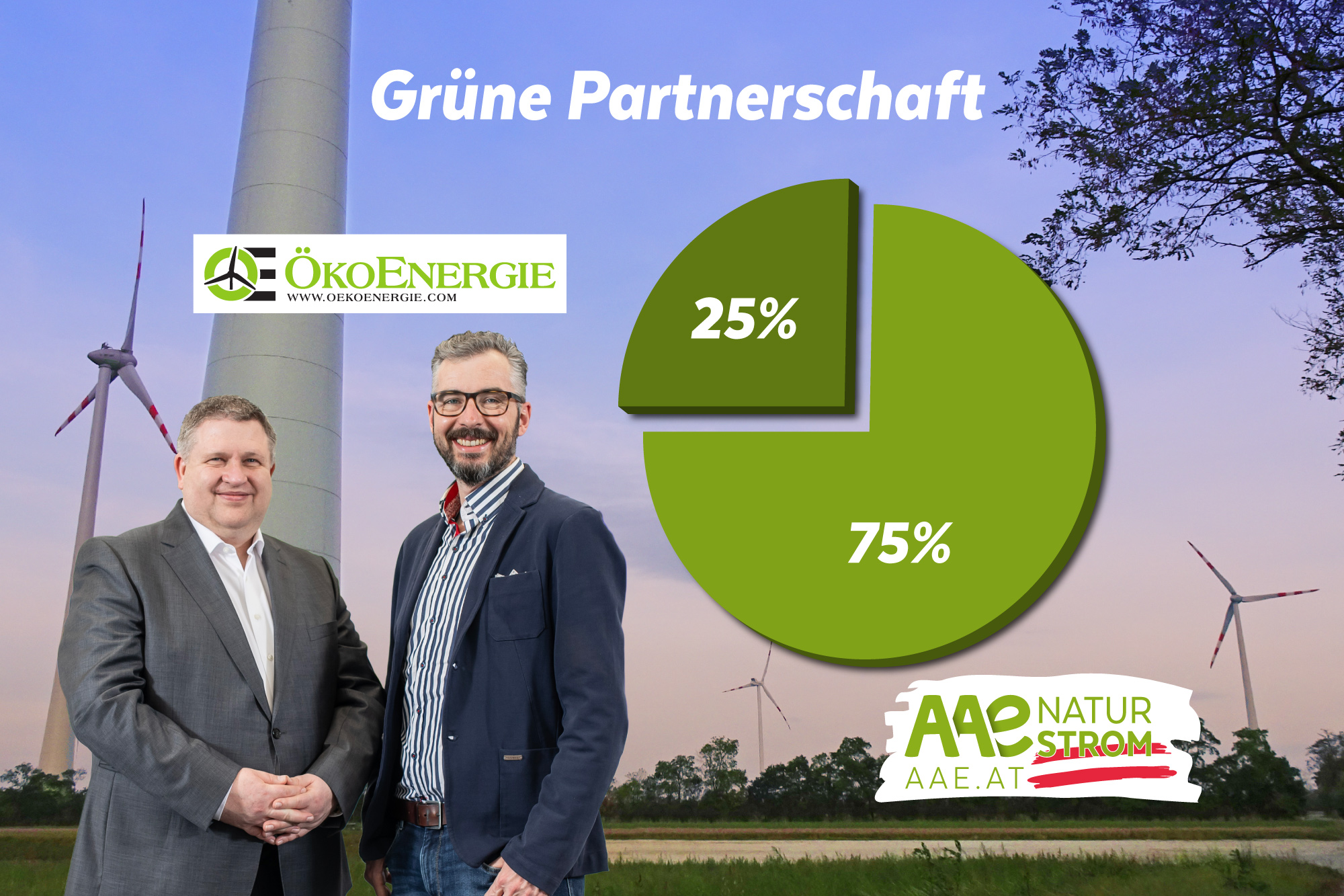 Richard Kalcikc und Wilfried Johann Klauss vor einer Grafik, die die Beteiligung von Ökoenerige (25%) und AAE Naturstrom (75%) darstellt.