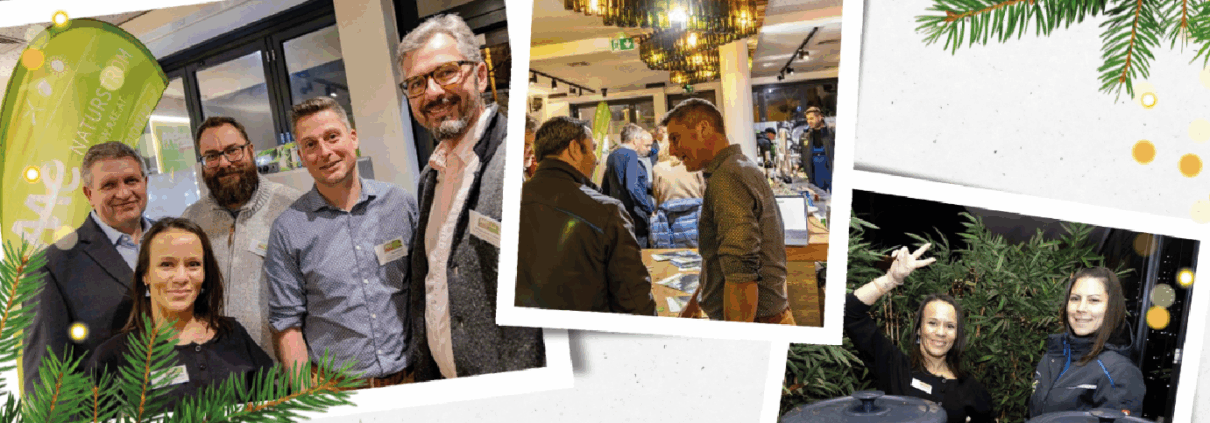 Eine Collage aus drei Fotos von einem AAE-Kundenevent: lächelnde Menschen bei einem Networking-Event, eine Gruppe, die sich drinnen an einem Tisch unterhält, und zwei Frauen, die fröhlich im Freien posieren. Grünzeug und festliche Dekorationen rahmen die Collage ein.