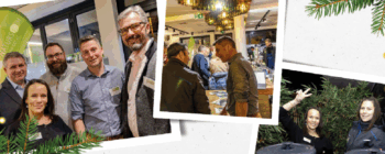 Eine Collage aus drei Fotos von einem AAE-Kundenevent: lächelnde Menschen bei einem Networking-Event, eine Gruppe, die sich drinnen an einem Tisch unterhält, und zwei Frauen, die fröhlich im Freien posieren. Grünzeug und festliche Dekorationen rahmen die Collage ein.
